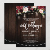 Burgundy Navy Floral Rustic String Light Wedding Kaart (Voorkant / Achterkant)