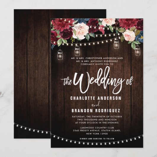 Burgundy Navy Floral Rustic String Light Wedding Kaart (Voorkant / Achterkant)