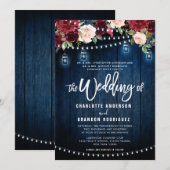 Burgundy Navy Floral Rustic String Light Wedding Kaart (Voorkant / Achterkant)