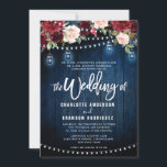 Burgundy Navy Floral Rustic String Light Wedding Kaart<br><div class="desc">Waterverf bogundy red navy blush roze rustic country classy chic floral design met tekeninglampjes en mason jars bruiloft call card sjabloon met groene botanische bladeren en eucalyptusbladeren op een houten achtergrond. Dit prachtige, eenvoudig aan te passen design kan gemakkelijk worden afgestemd op uw trouwkleuren, -stijlen en -thema en het is...</div>