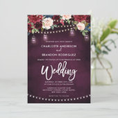 Burgundy Navy Floral Rustic String Light Wedding Kaart (Staand voorkant)