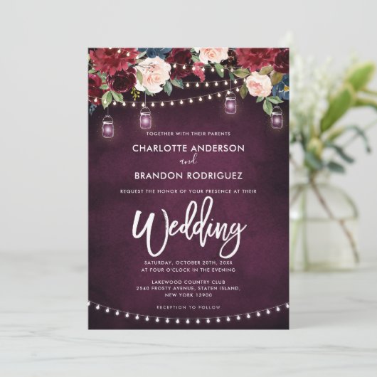 Burgundy Navy Floral Rustic String Light Wedding Kaart (Staand voorkant)