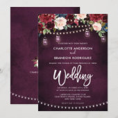 Burgundy Navy Floral Rustic String Light Wedding Kaart (Voorkant / Achterkant)