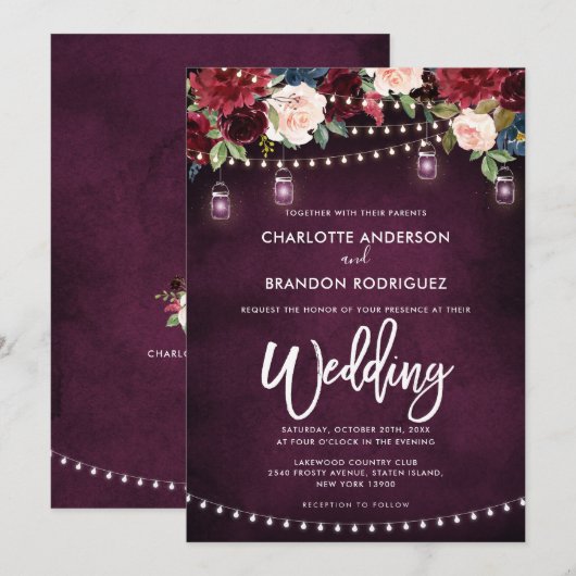 Burgundy Navy Floral Rustic String Light Wedding Kaart (Voorkant / Achterkant)