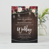 Burgundy Navy Floral Rustic String Light Wedding Kaart (Staand voorkant)