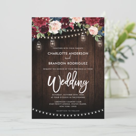 Burgundy Navy Floral Rustic String Light Wedding Kaart (Staand voorkant)