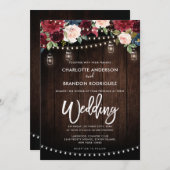 Burgundy Navy Floral Rustic String Light Wedding Kaart (Voorkant / Achterkant)