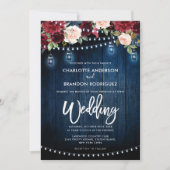 Burgundy Navy Floral Rustic String Light Wedding Kaart (Voorkant)
