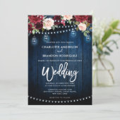 Burgundy Navy Floral Rustic String Light Wedding Kaart (Staand voorkant)