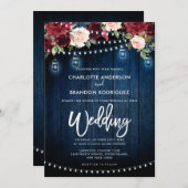 Burgundy Navy Floral Rustic String Light Wedding Kaart (Voorkant / Achterkant)