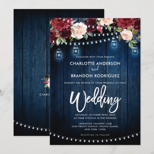 Burgundy Navy Floral Rustic String Light Wedding Kaart (Voorkant / Achterkant)