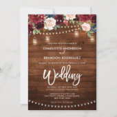 Burgundy Navy Floral Rustic String Light Wedding Kaart (Voorkant)