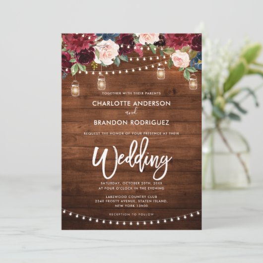 Burgundy Navy Floral Rustic String Light Wedding Kaart (Staand voorkant)