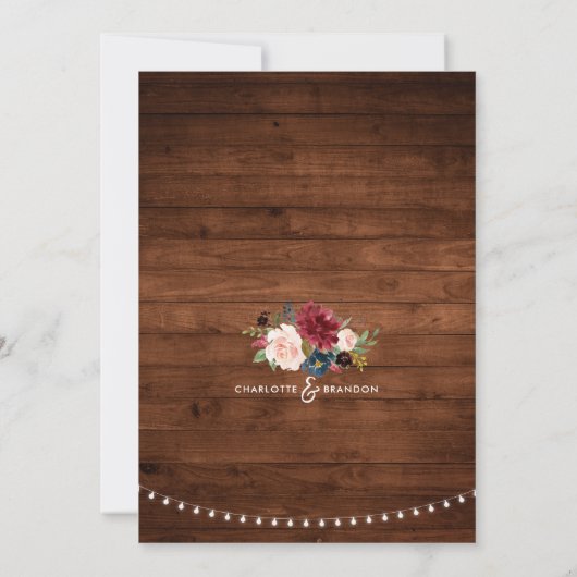 Burgundy Navy Floral Rustic String Light Wedding Kaart (Achterkant)