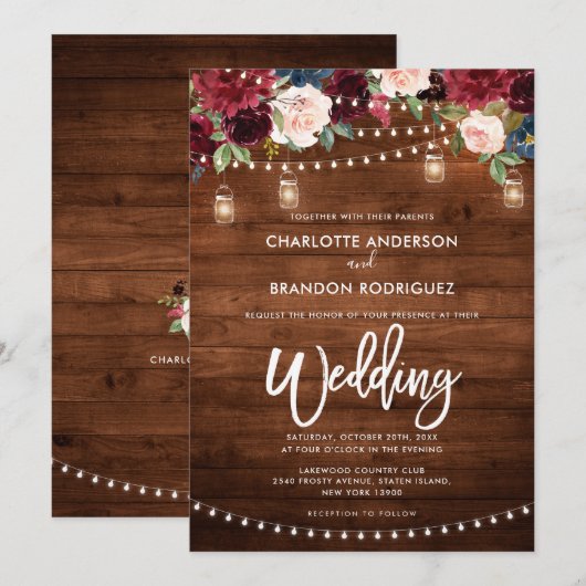 Burgundy Navy Floral Rustic String Light Wedding Kaart (Voorkant / Achterkant)