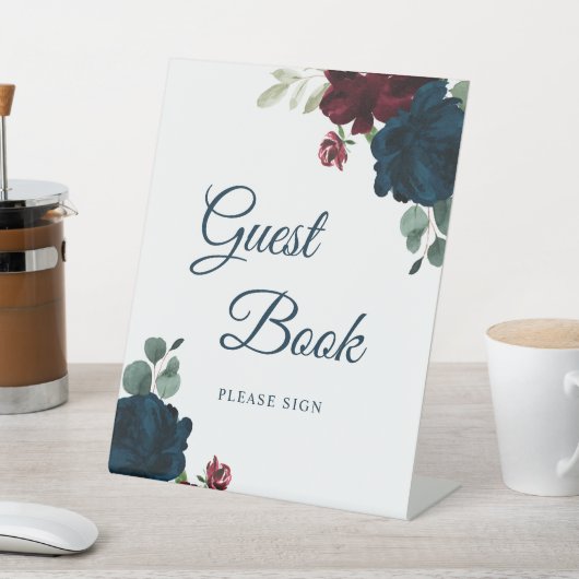 Burgundy & Navy Floral Rustic Wood Guest Book Sign Reclamebord Met Voetstuk (Insitu)