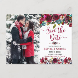 Burgundy Navy Floral Save the Date Photo Aankondigingskaart