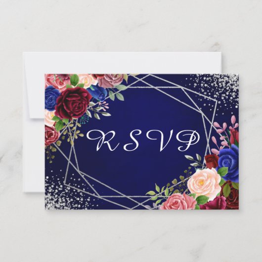 Burgundy Navy Floral Silver Geometric RSVP Kaartje (Voorkant)
