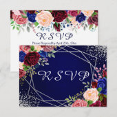 Burgundy Navy Floral Silver Geometric RSVP Kaartje (Voorkant / Achterkant)