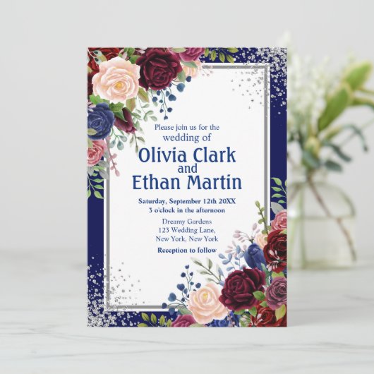 Burgundy Navy Floral Silver Glitter Kaart (Staand voorkant)