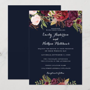 Burgundy Navy Floral Spring Wedding Invitation Kaart