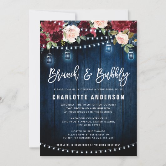 Burgundy Navy Floral String Light Brunch & Bubble Kaart (Voorkant)