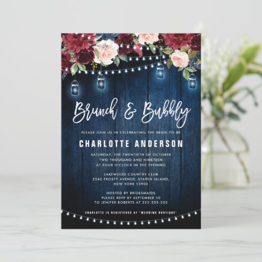 Burgundy Navy Floral String Light Brunch & Bubble Kaart (Staand voorkant)