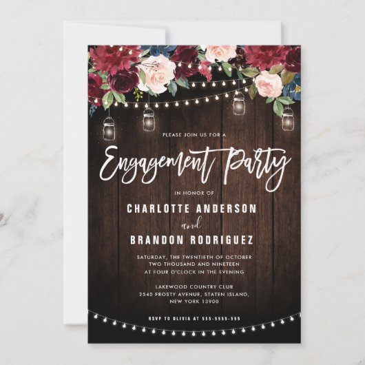 Burgundy Navy Floral String Light Engagement Party Kaart (Voorkant)
