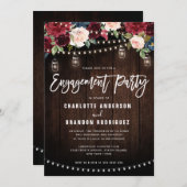 Burgundy Navy Floral String Light Engagement Party Kaart (Voorkant / Achterkant)