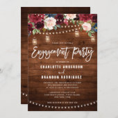 Burgundy Navy Floral String Light Engagement Party Kaart (Voorkant / Achterkant)