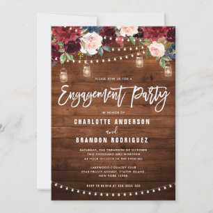 Burgundy Navy Floral String Light Engagement Party Kaart