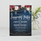 Burgundy Navy Floral String Light Engagement Party Kaart (Staand voorkant)
