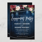 Burgundy Navy Floral String Light Engagement Party Kaart (Voorkant / Achterkant)
