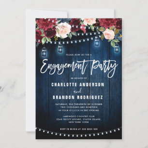 Burgundy Navy Floral String Light Engagement Party Kaart