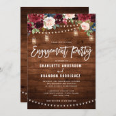 Burgundy Navy Floral String Light Engagement Party Kaart (Voorkant / Achterkant)