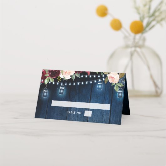 Burgundy Navy Floral String Light mason jar Plaatskaartje (Voorkant)