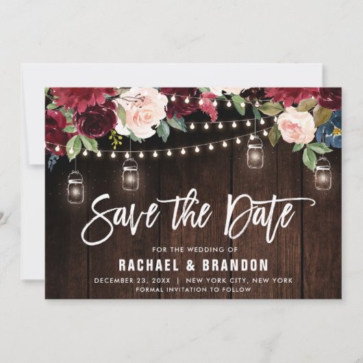 Burgundy Navy Floral String Light mason jar Save The Date (Voorkant)