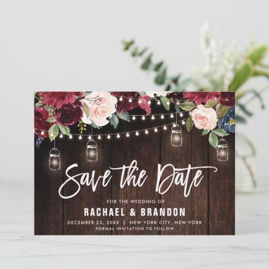Burgundy Navy Floral String Light mason jar Save The Date (Staand voorkant)