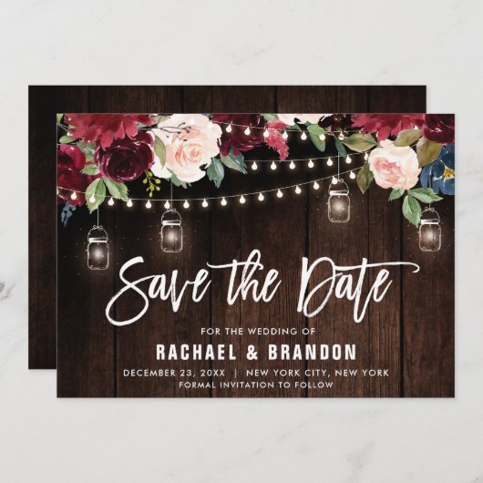 Burgundy Navy Floral String Light mason jar Save The Date (Voorkant / Achterkant)