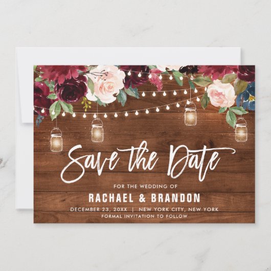 Burgundy Navy Floral String Light mason jar Save The Date (Voorkant)