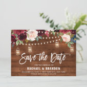 Burgundy Navy Floral String Light mason jar Save The Date (Staand voorkant)