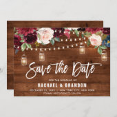 Burgundy Navy Floral String Light mason jar Save The Date (Voorkant / Achterkant)