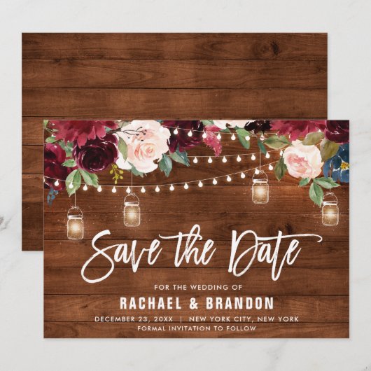 Burgundy Navy Floral String Light mason jar Save The Date (Voorkant / Achterkant)