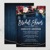 Burgundy Navy Floral String Light Vrijgezellenfees Kaart (Voorkant / Achterkant)