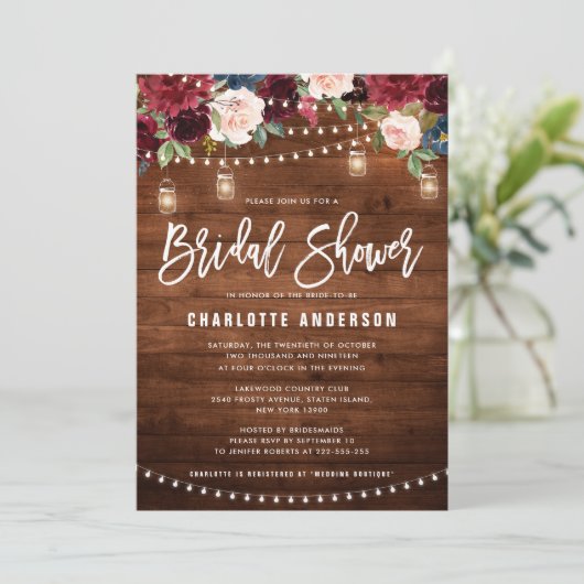 Burgundy Navy Floral String Light Vrijgezellenfees Kaart (Staand voorkant)