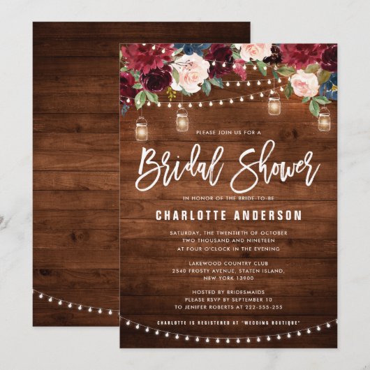 Burgundy Navy Floral String Light Vrijgezellenfees Kaart (Voorkant / Achterkant)