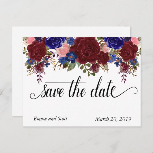 Burgundy Navy Floral Typografie redt datum Aankondigingskaart