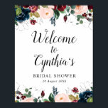 burgundy & navy floral vrijgezellenfeest welkomstt poster<br><div class="desc">mooie bogundy en blauw-marinebloemen voor de waterverf. De tekst en de kleuren op dit poster van het teken kunnen worden uitgegeven.</div>