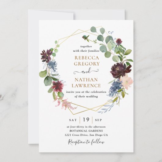 Burgundy Navy Floral w/ Geometric Greenery Wedding Kaart (Voorkant)