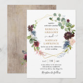 Burgundy Navy Floral w/ Geometric Greenery Wedding Kaart (Voorkant / Achterkant)